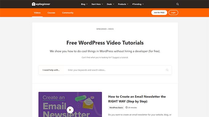 WPBeginner video membership site homepage