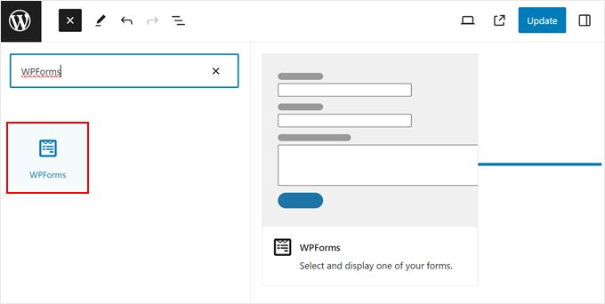 Searching for the WPForms block in the block editor