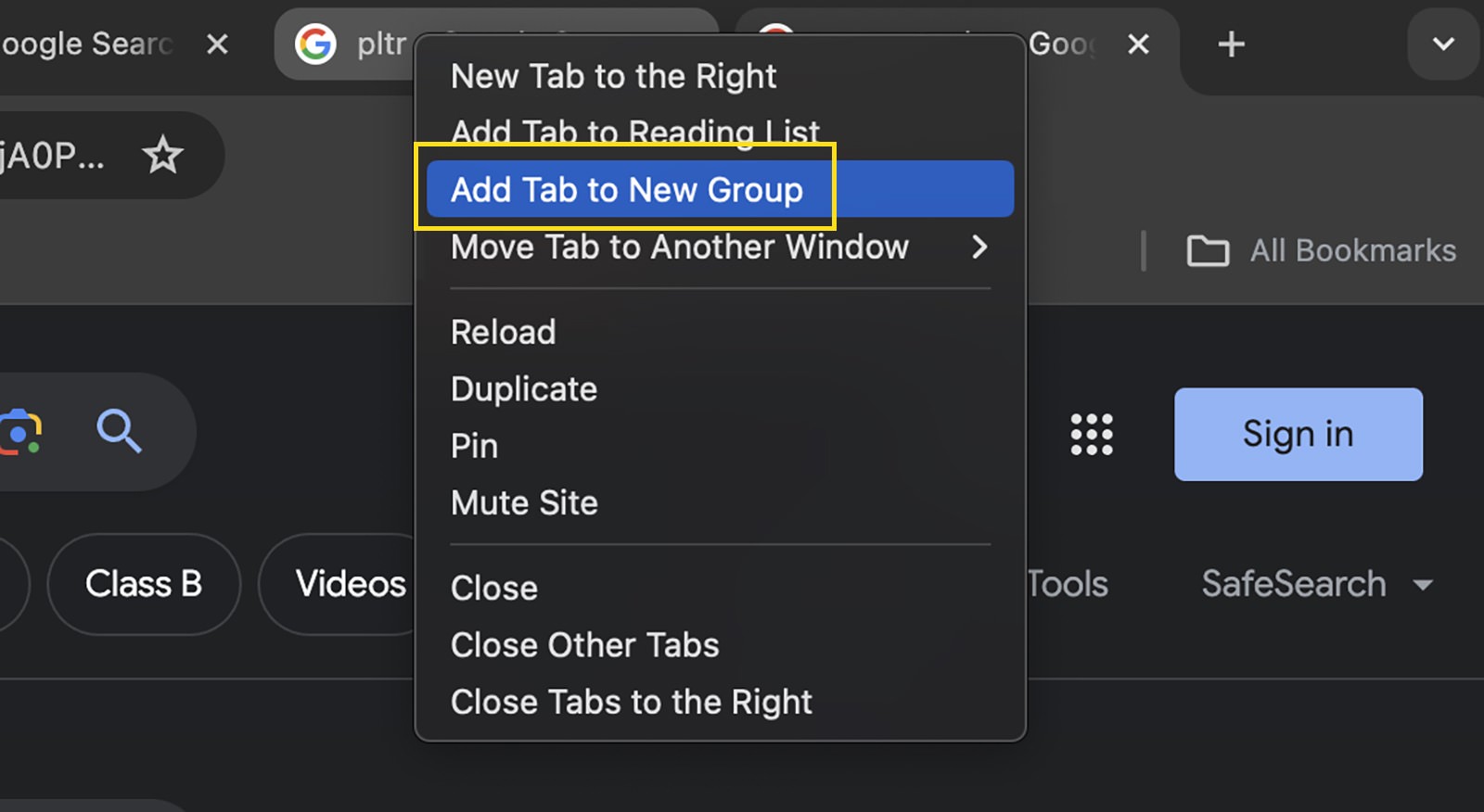 Creating a new tab group in Chrome