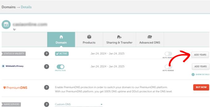 Add years for domain renewal