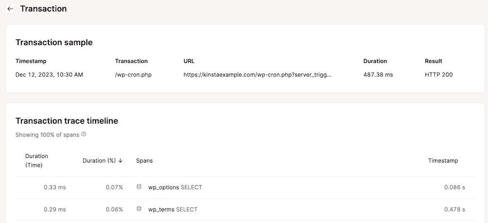 The Kinsta APM report interface with a transaction sample including timestamp, transaction type (/wp-cron.php), URL, duration, and result (HTTP 200). Below, a transaction trace timeline graphically displays the duration and percentage of database operations such as wp_options SELECT and wp_terms SELECT.