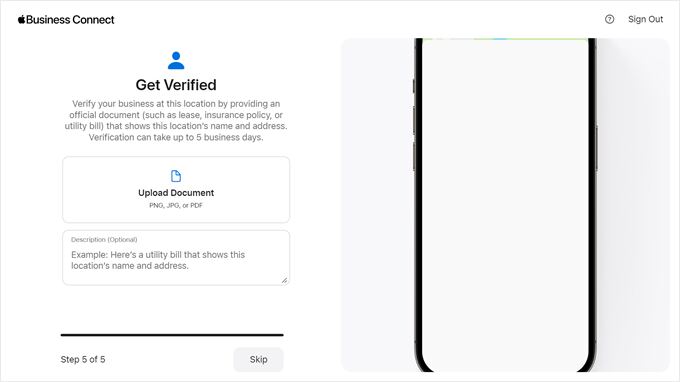 Verifying your business at the chosen location in Apple Business Connect