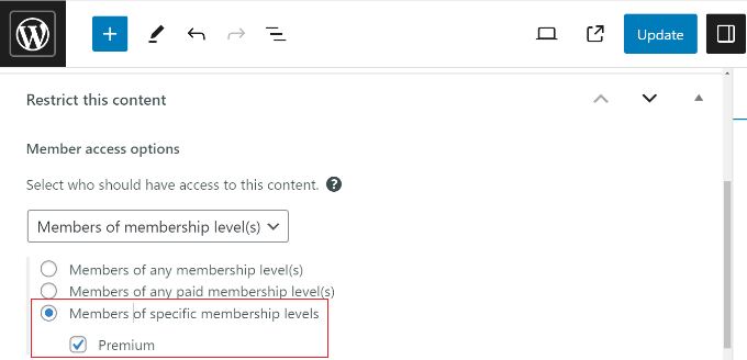 Choose which membership level can access content