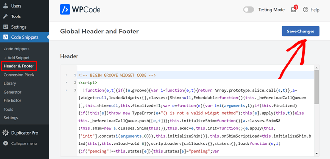 Pasting the GrooveHQ widget code in WPCode