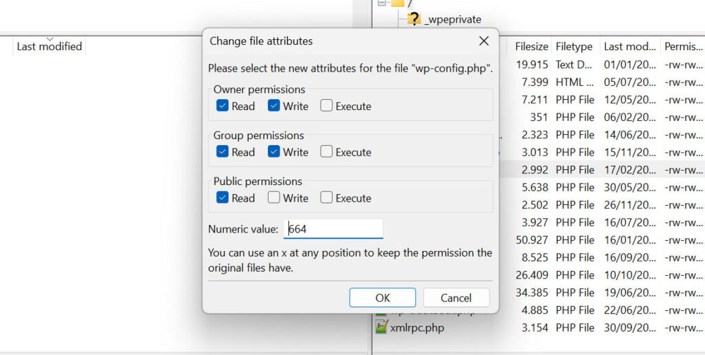 configure wordpress file permissions via ftp