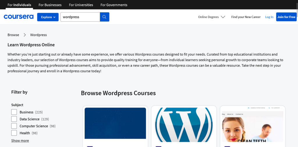 coursera wordpress courses