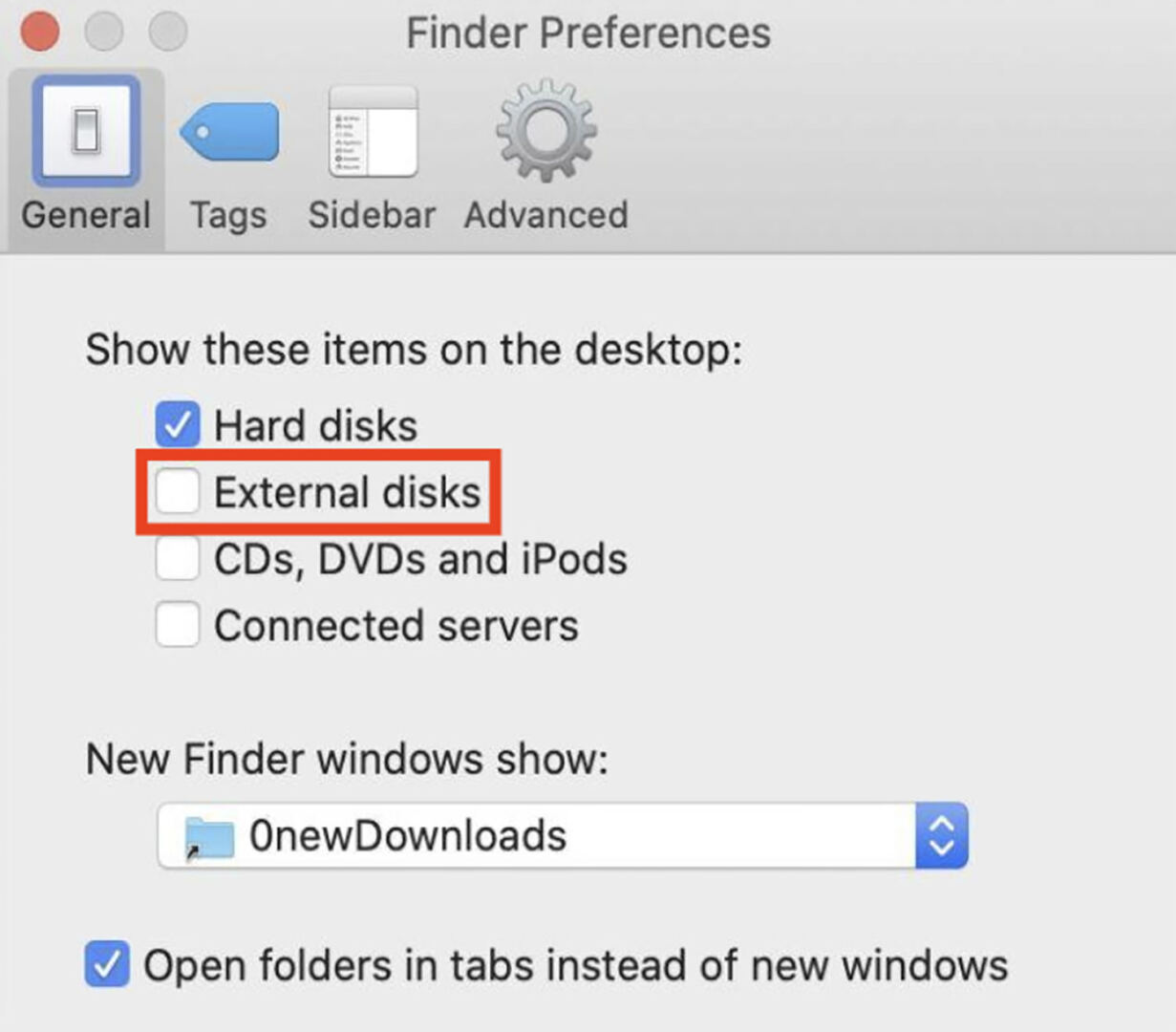 Enabling External Disks in Finder Preferences