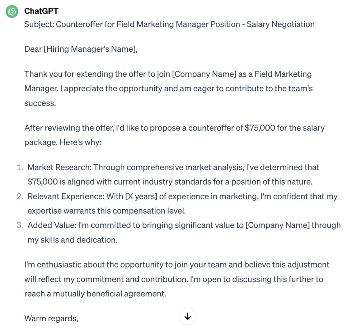 Counteroffer email example prompt for ChatGPT short email