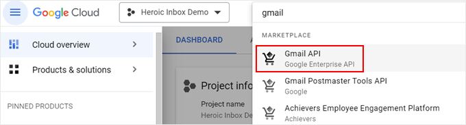 Searching for the Gmail API in the console website