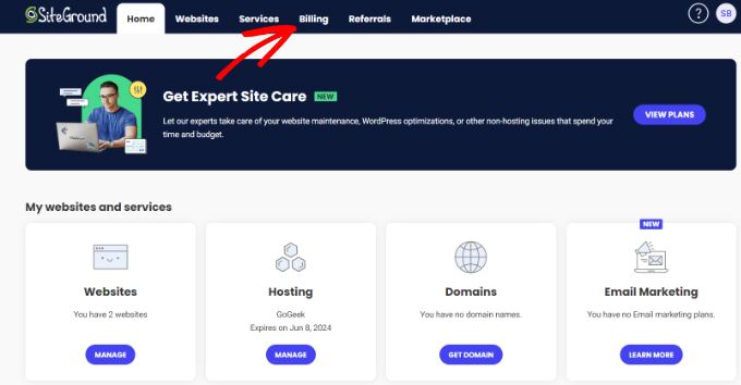 Go to SiteGround billing tab