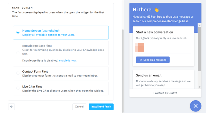 Choosing the start screen for the GrooveHQ widget