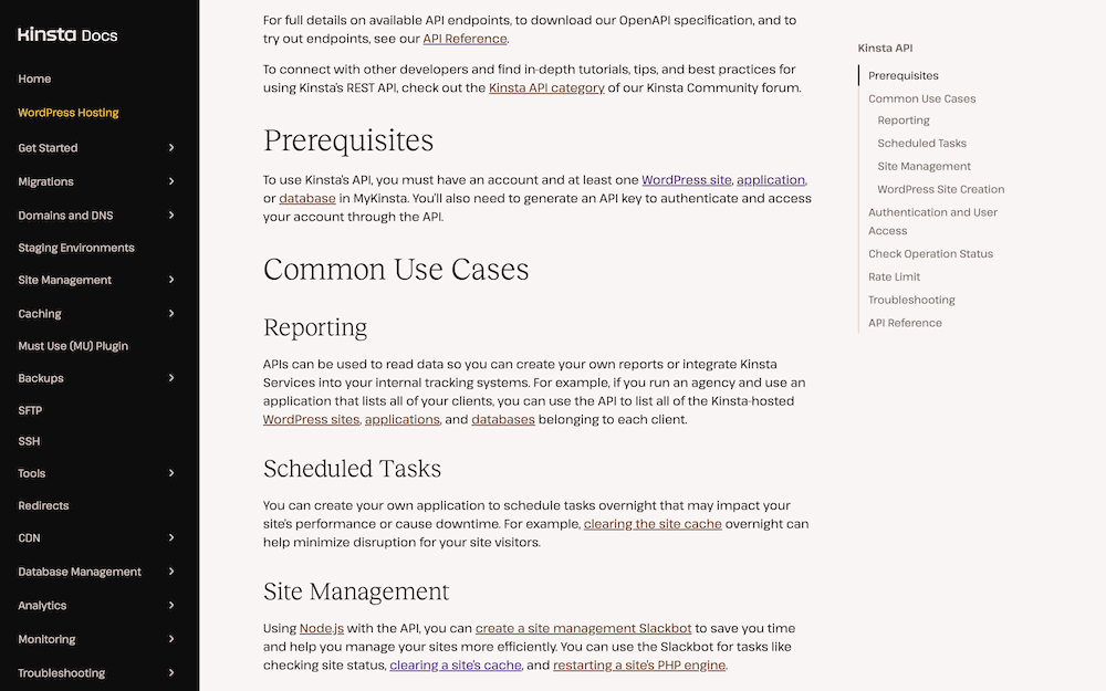 The Kinsta documentation page for its API, outlining the necessary prerequisites for using it. The information includes having a WordPress site, and details on common use cases such as reporting and site management.