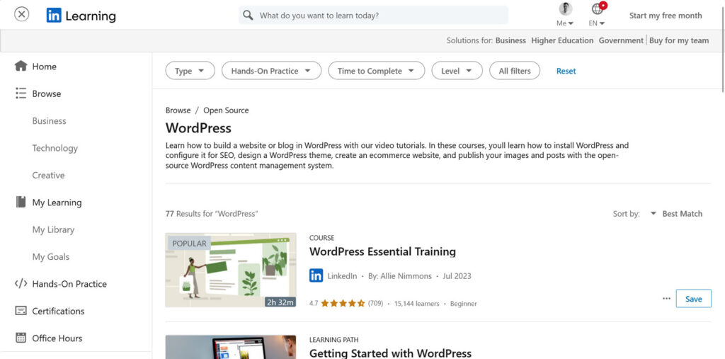 linkedin learn wordpress courses