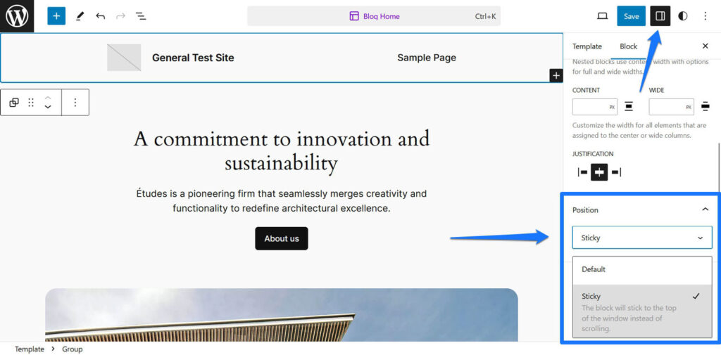 make group block sticky in wordpress editor