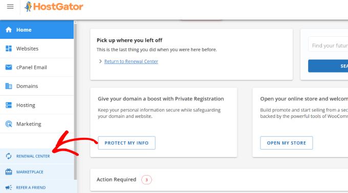 Open renewal center in HostGator