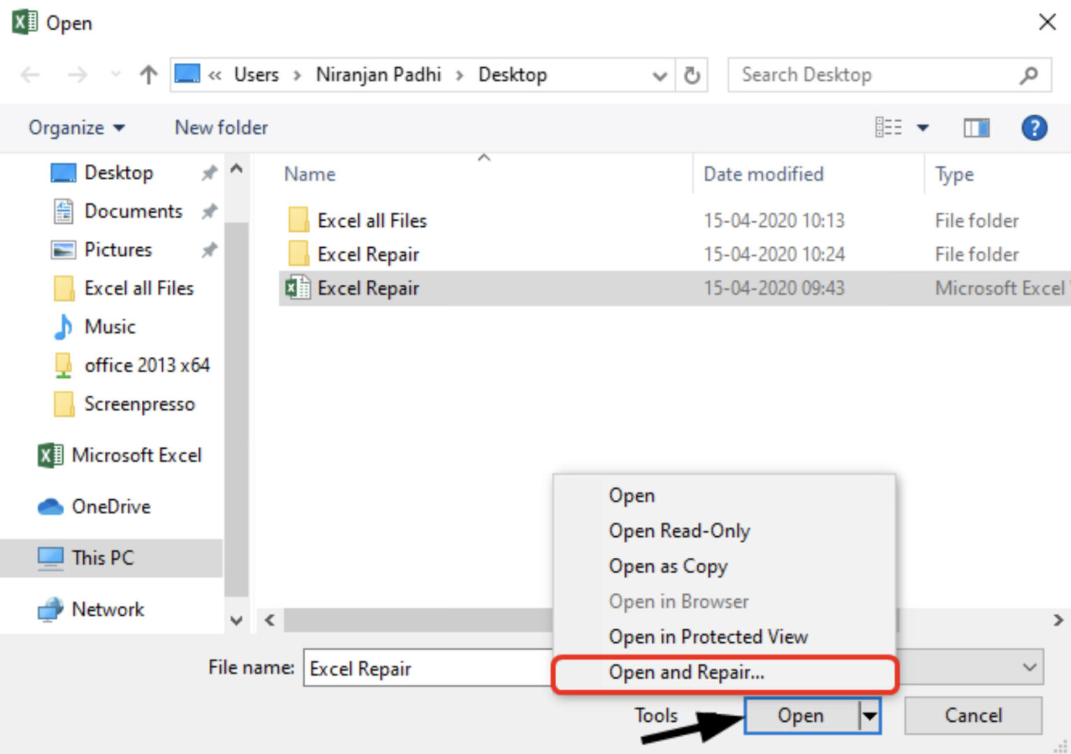 Illustration for using Open and Repair feature in Excel