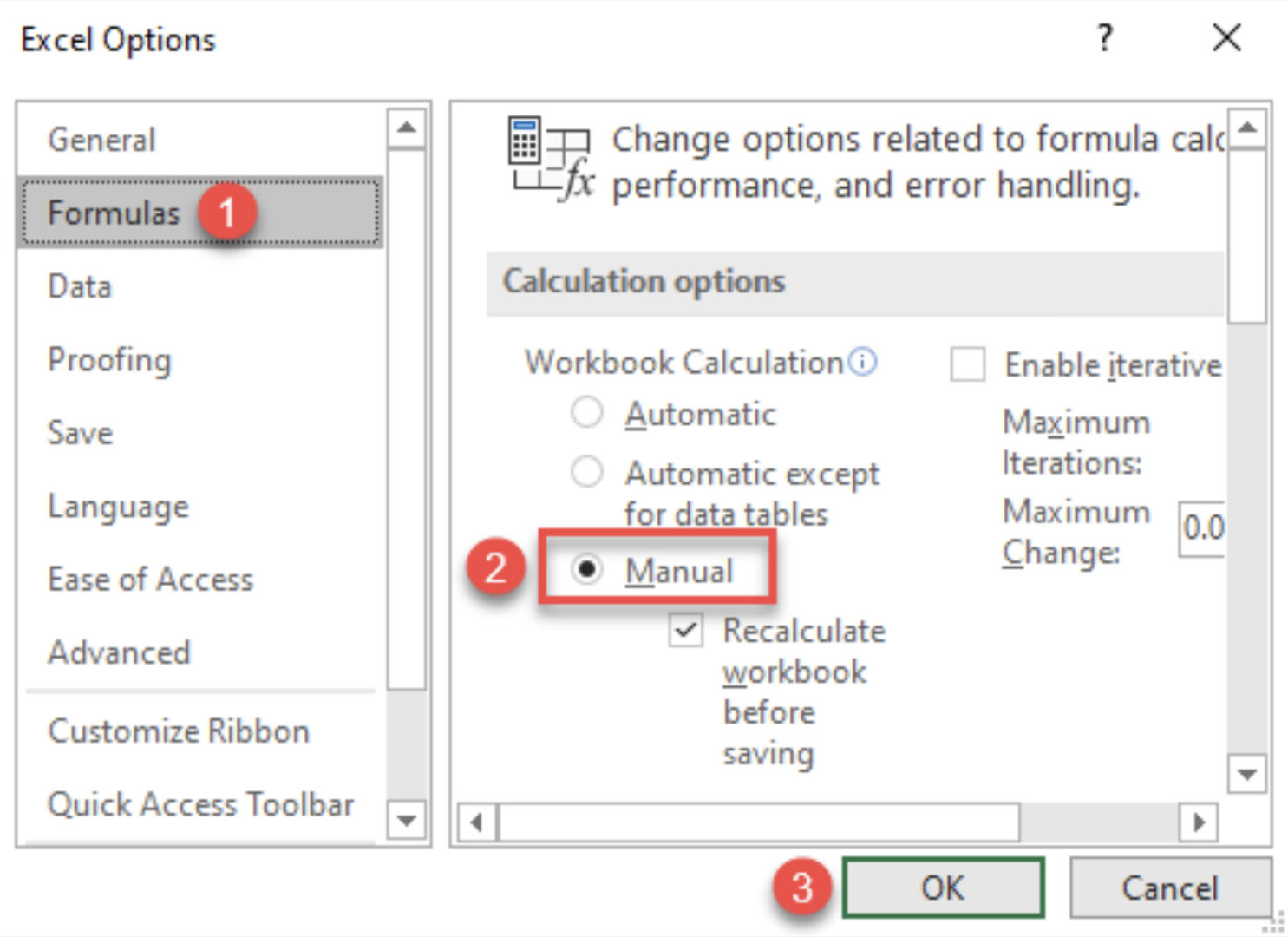 Guide for switching calculation options to manual in Excel