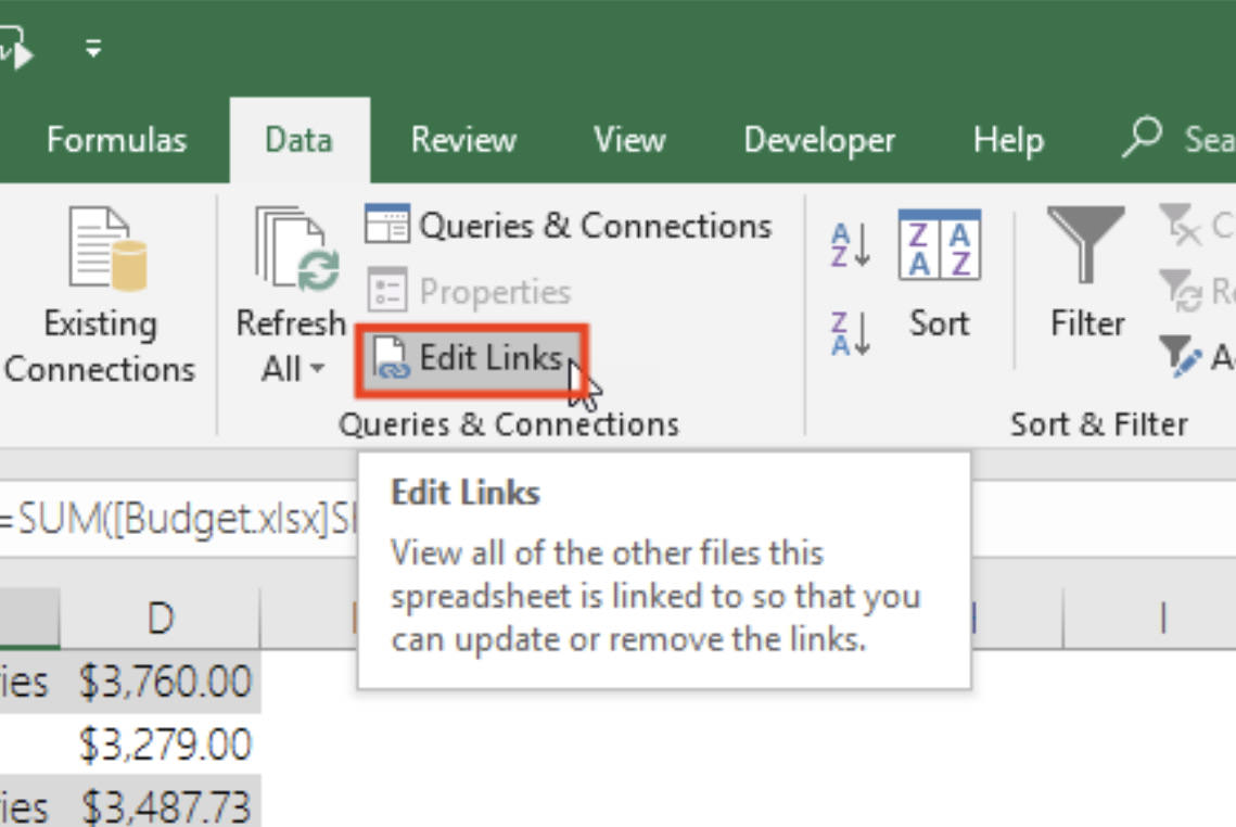 Navigating to Edit Links option in Excel