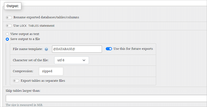 Select database backup output