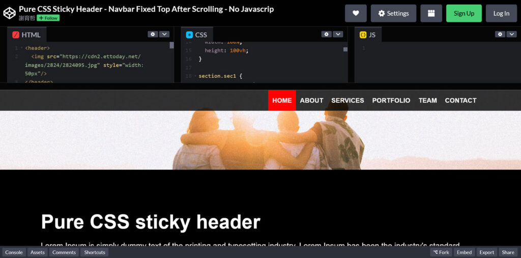 pure css sticky header codepen example