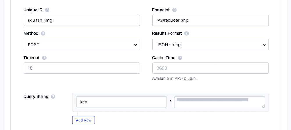 Details the ShortPixel API configuration endpoint within WPGetAPI. It shows fields for Unique ID, Method (POST), Timeout, Endpoint (/v2/reducer.php), Results Format (JSON string), and Cache Time. It includes a query string section with a key-value pair input.