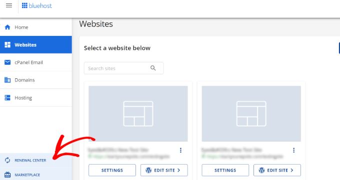 Renewal center in Bluehost