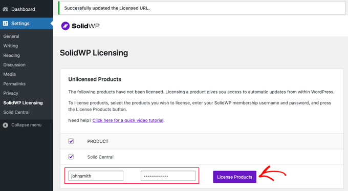 Enter Your SolidWP Username and Password