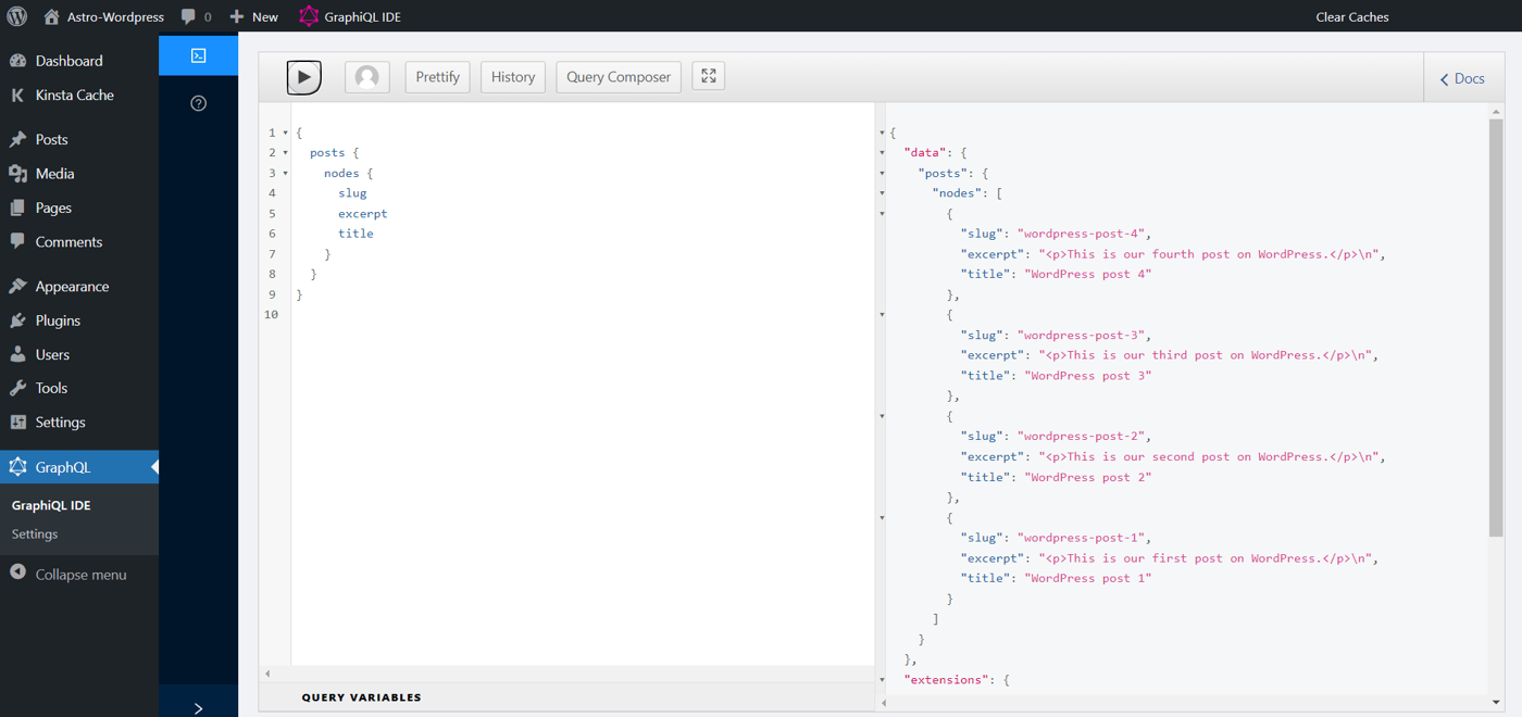 GraphQL page showing the GraphQL query code and a run button at the top