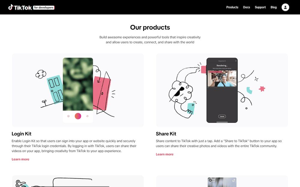TikTok's developer web page, showcasing APIs and tools such as Login Kit and Share Kit. Each includes concise descriptions next to illustrated examples of how they integrate TikTok's features into other apps.