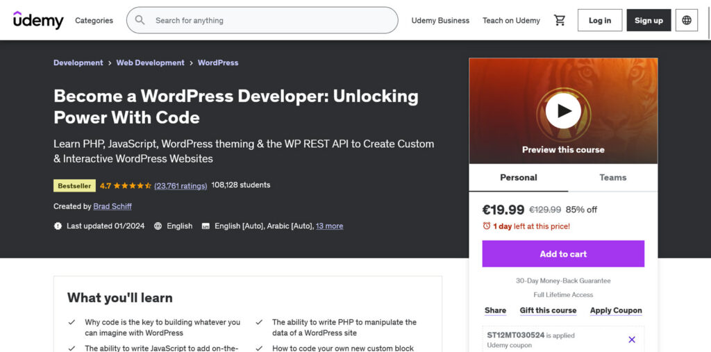 udemy become a wordpress developer course