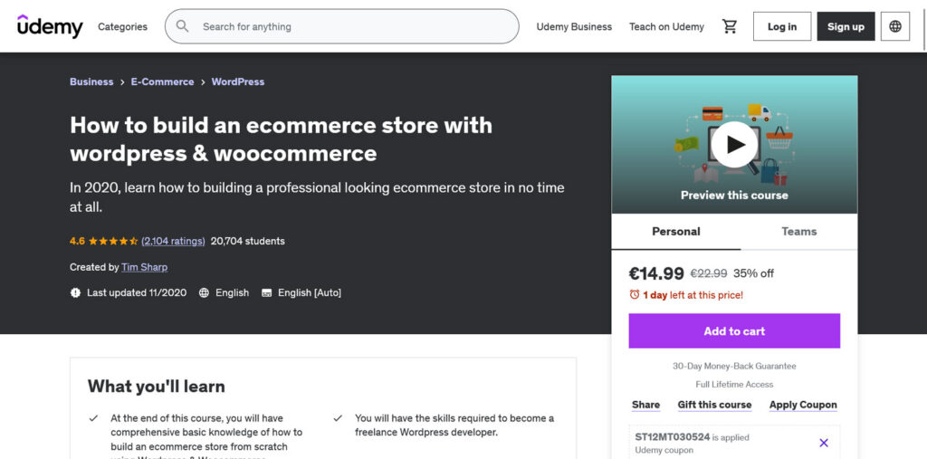 udemy build ecommerce website with wordpress and woocommerce