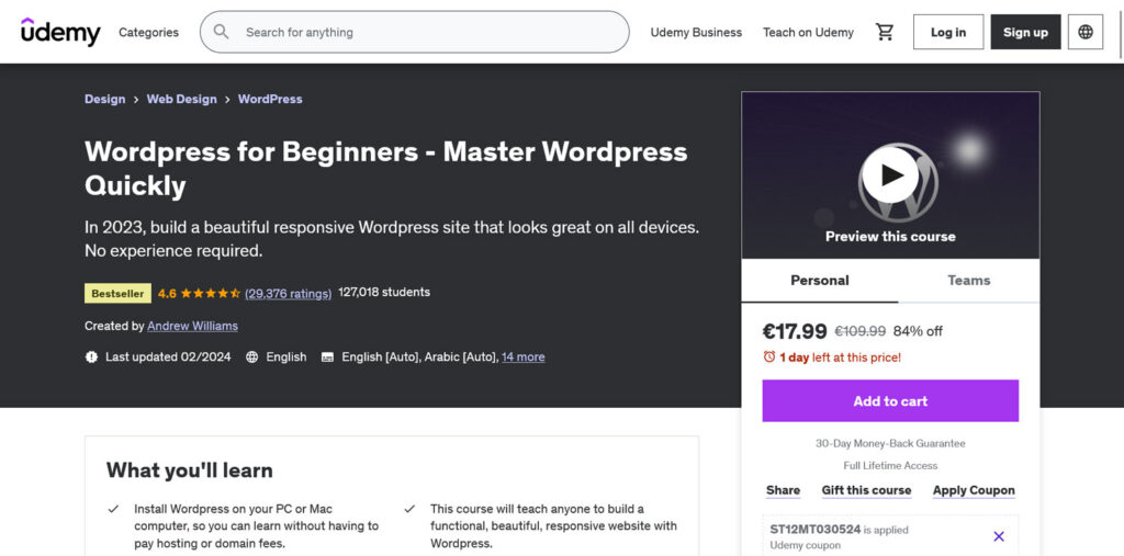 udemy wordpress for beginners