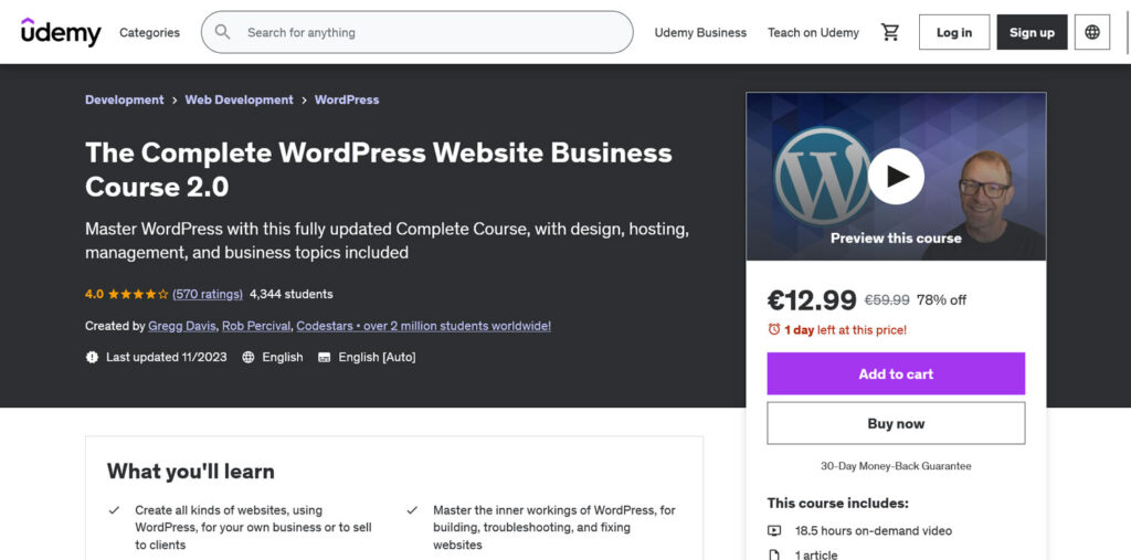 udemy wordpress website business course