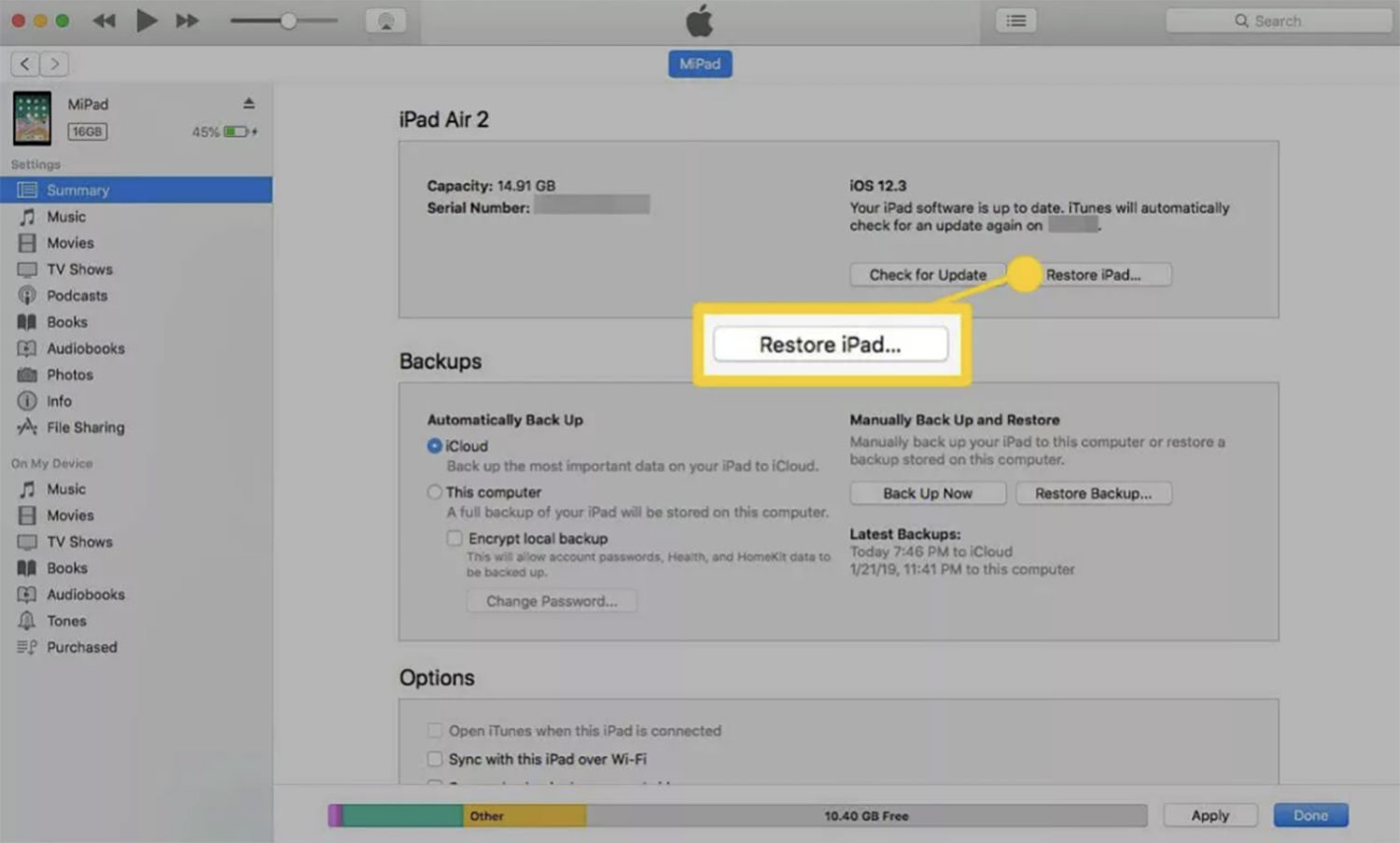 Instructions for restoring iPad via iTunes