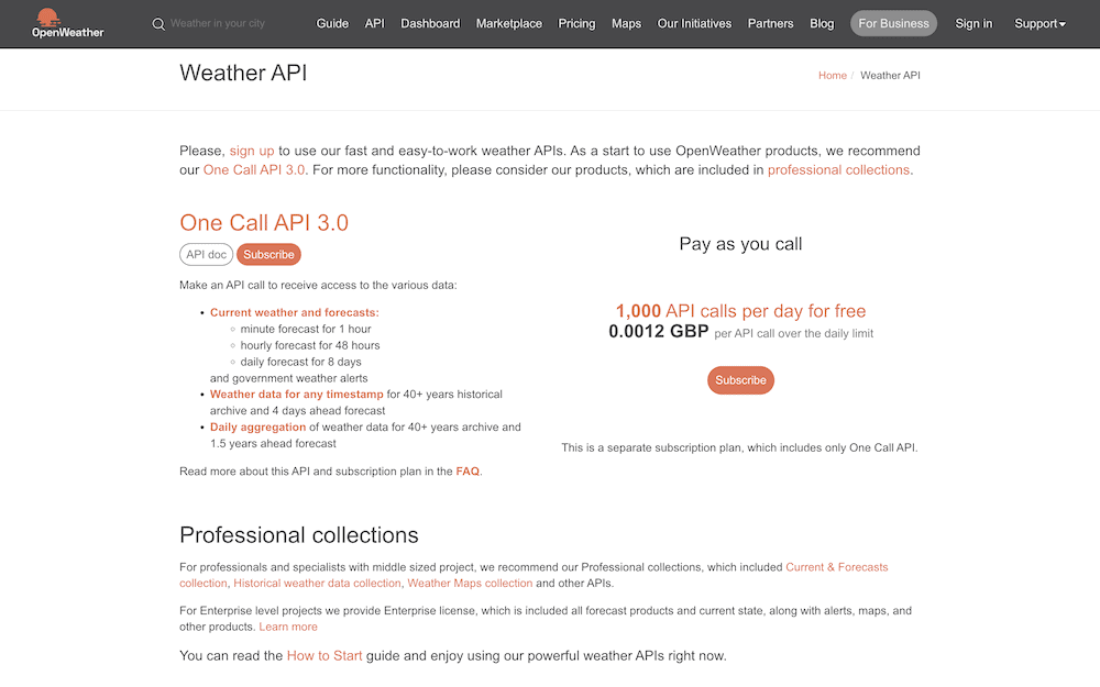 The OpenWeather site detailing its Weather API, specifically the One Call API 3.0. It mentions the API's capability for historical weather data and daily aggregation, alongside subscription details including a free tier and a ‘pay as you call’ pricing model.