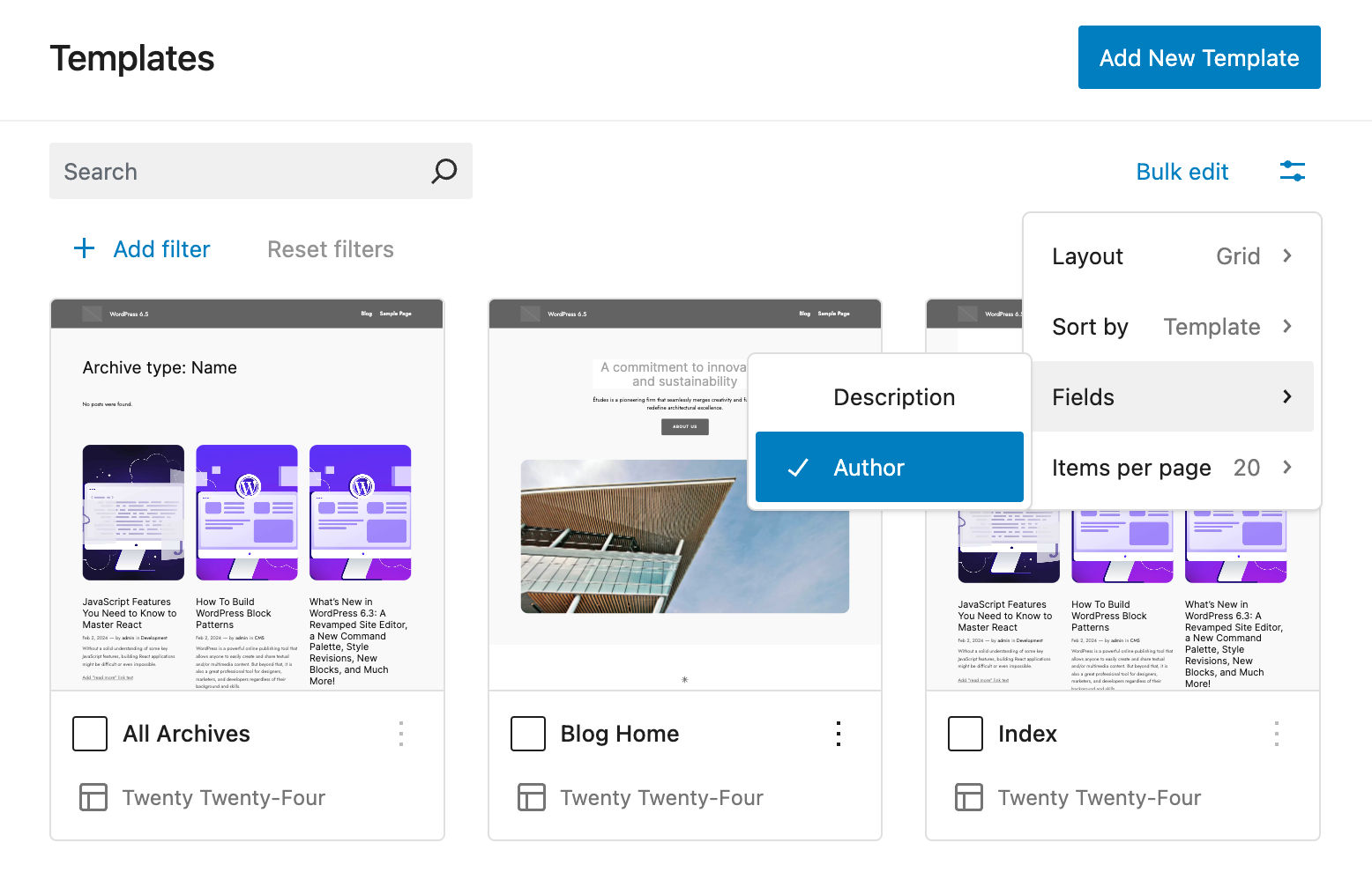 Setting Fields for the Templates view