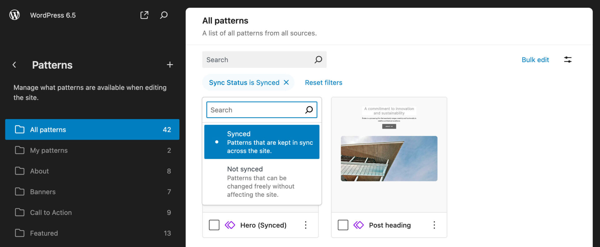 The Sync Status primary filter for patterns