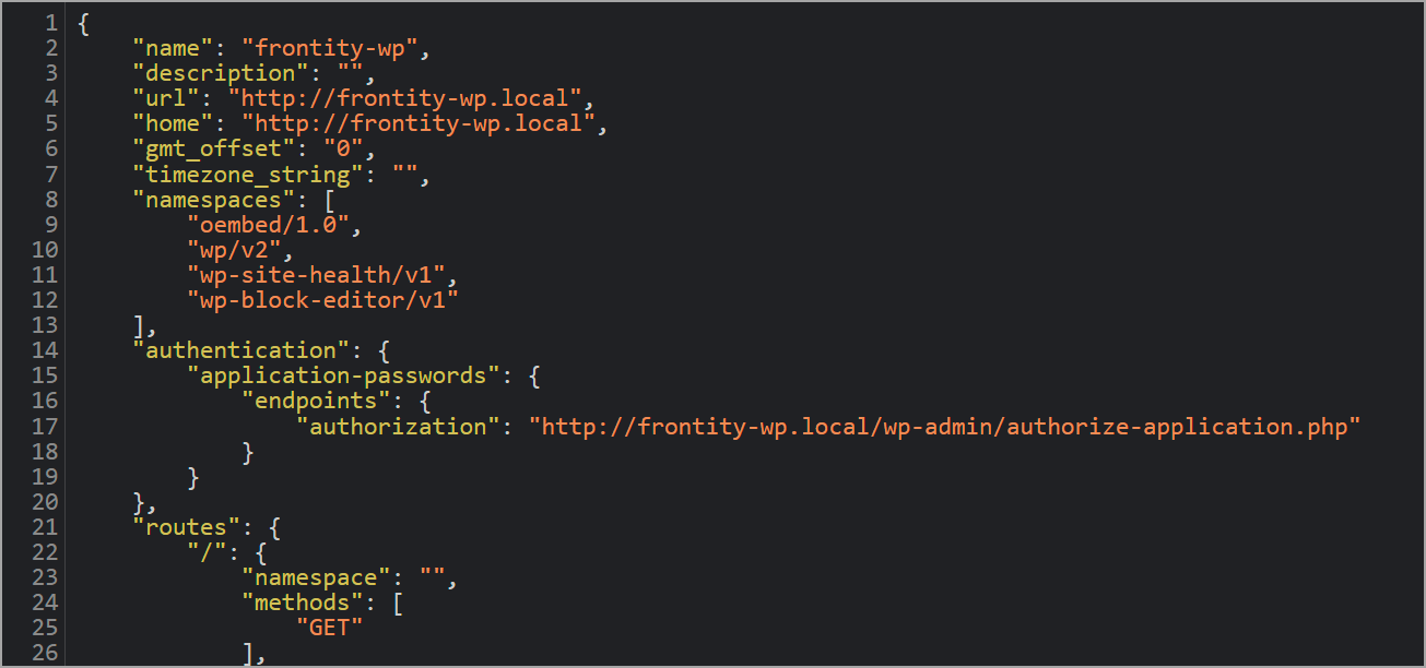 Screenshot displaying WordPress REST API JSON data output, showing a structured object of name, description, URL, home, gmt_offset, timezone_string, namespaces, authentication, and routes