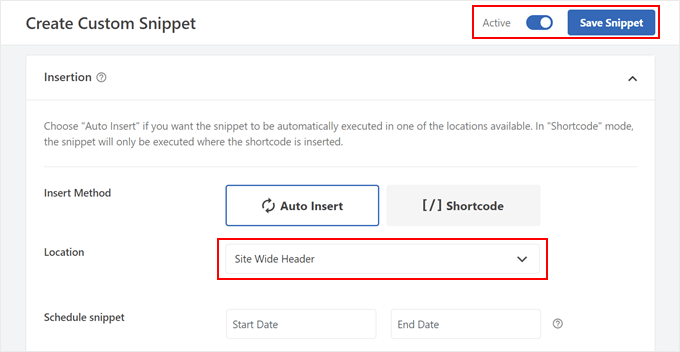 Choosing Site Wide Header as the code location in WPCode