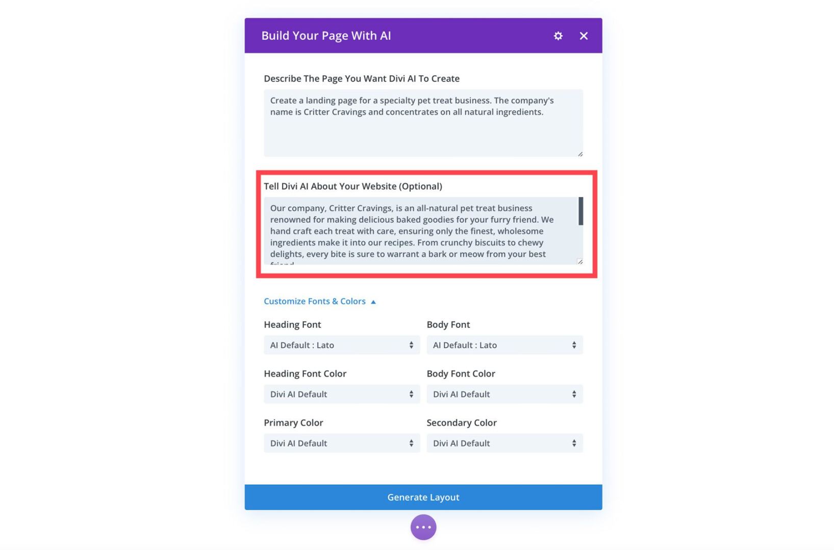 Divi Layouts AI optional field