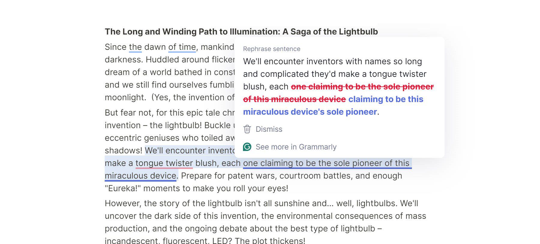 Grammarly Copy Editing Sentence Structure