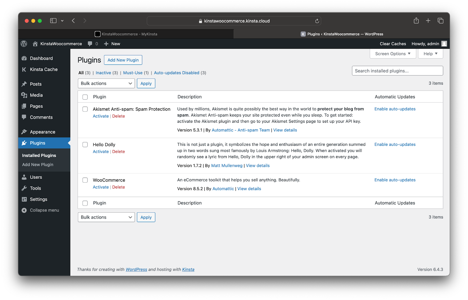 WordPress Admin dashboard showing the optional plugins available including the WooCommerce plugin. Each plugin has an Activate and Delete button below the option