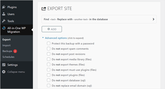 All-in-One WP Migration's plugin settings page