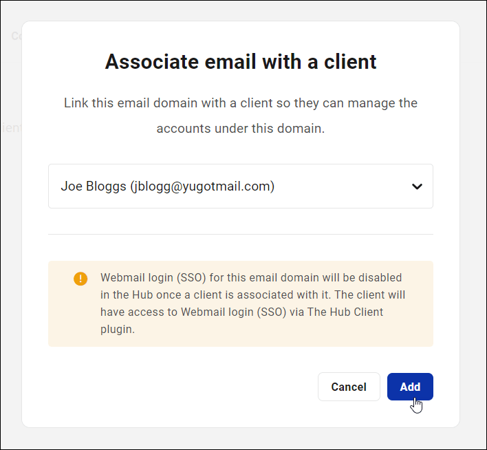 Webmail - Associate email with a client modal.