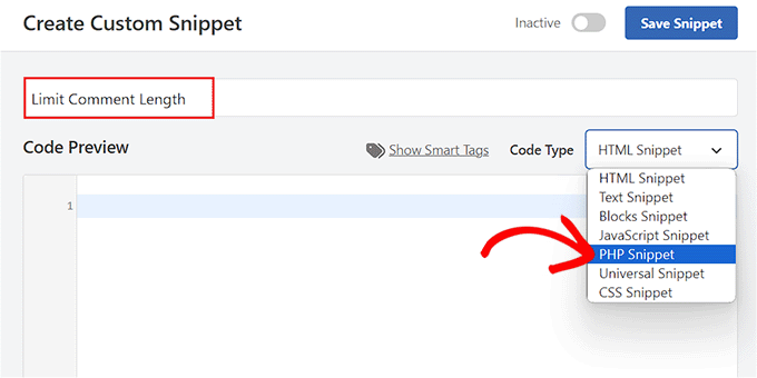 Choose the PHP Snippet option for comment length limit