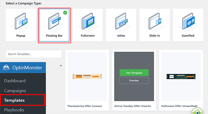 Choose a premade template for a floating sticky footer bar