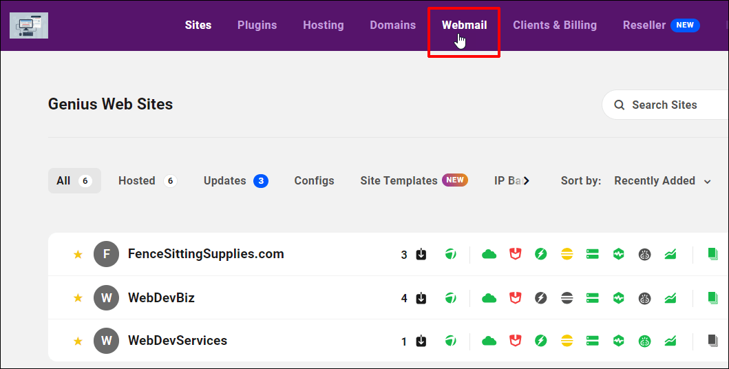 The Hub Client screen showing a white labeled client portal with Webmail highlighted.