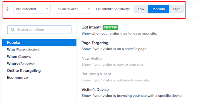 Configure exit intent technology for footer bar