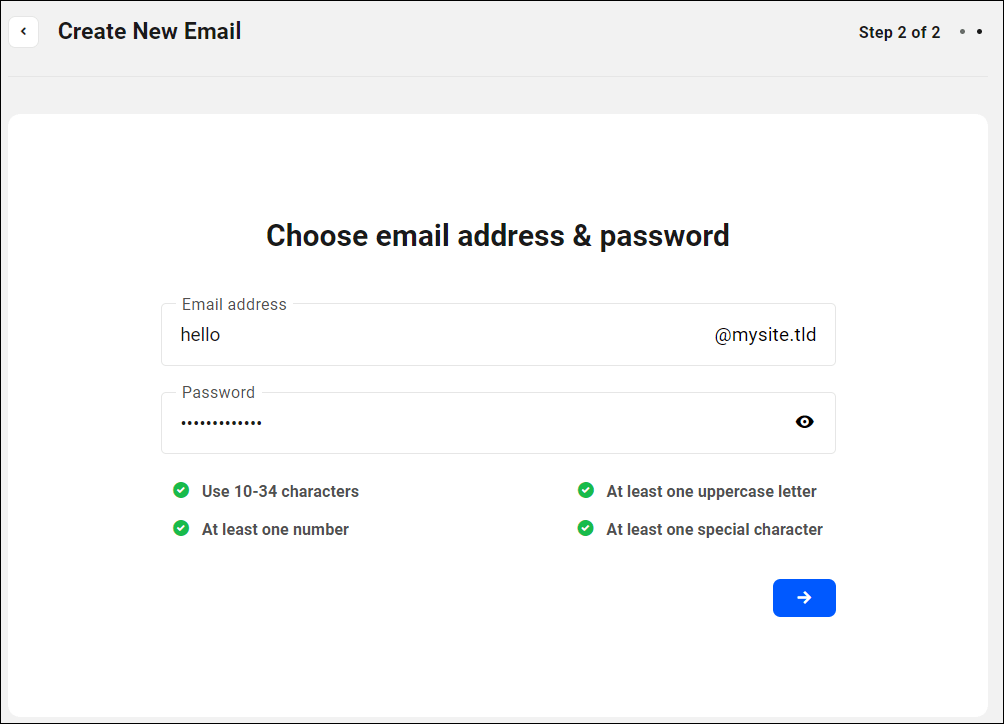 Create New Email screen - Step 2 of 2