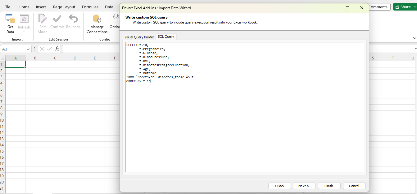 Import Data Wizard shows a custom SQL query to import data into the Excel sheet